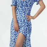 Elegant Blue Floral Print Frill Wrap Midi Dress - Perfect for Any Occasion