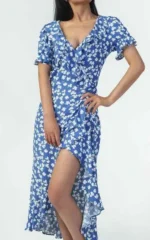 Elegant Blue Floral Print Frill Wrap Midi Dress - Perfect for Any Occasion
