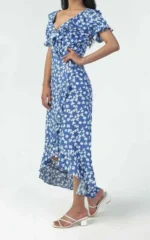 Elegant Blue Floral Print Frill Wrap Midi Dress - Perfect for Any Occasion - Image 2