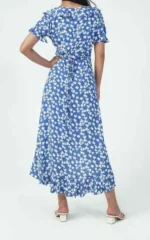 Elegant Blue Floral Print Frill Wrap Midi Dress - Perfect for Any Occasion - Image 3