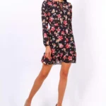 Elegant Black Floral Print Tie Neck Shift Dress - Perfect for Any Occasion | Glamorous Long Sleeve Mini Dress
