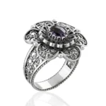 Elegant Filigree Art Amethyst Gemstone Silver Statement Ring for Women