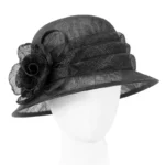 Elegant Black Ladies Cloche Racing Hat with Handmade Flower by Max Alexander - Perfect for Races & Special Occasions