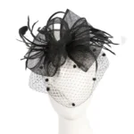 Elegant Black Sinamay Fascinator with Face Veil for Weddings & Formal Events
