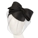 Stylish Black Satin Fascinator with Big Bow & Veil by Max Alexander Perfect for Spring Racing & Melbourne Cup