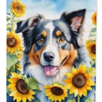 Vibrant Australian Shepherd Sunflowers House Flag - 28x40 Inches, Dual-Sided, Heavy Duty Polyester