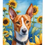 Basenji in Sunflowers House Flag - Double-Sided Print, Heavy Duty Polyester, 28 x 40 inches | Outdoor Decor