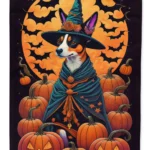 Basenji Witchy Halloween House Flag - Double-Sided, 28x40 Inches, Heavy Duty Polyester