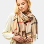 All Season Beige Plaid Scarf - Stylish & Versatile Medium Weight Fringed Scarf