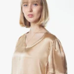 Elegant Champagne V-Neck Blouse - Soft, Silky, and Sophisticated - Perfect For Any Occasion