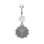 316L Stainless Steel Antique Polynesian Sun Dangle Navel Ring with CZ Gem - Tribal Sun Design, Rustic Finish