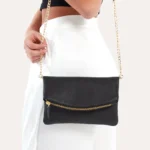 Elegant Genuine Pebble Leather Flap Clutch with Removable Chain & Magnetic Closure