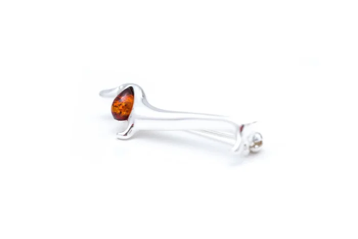 Dachshund Amber Dog Brooch - Sterling Silver Sausage Dog with Baltic Amber Ear - Image 1