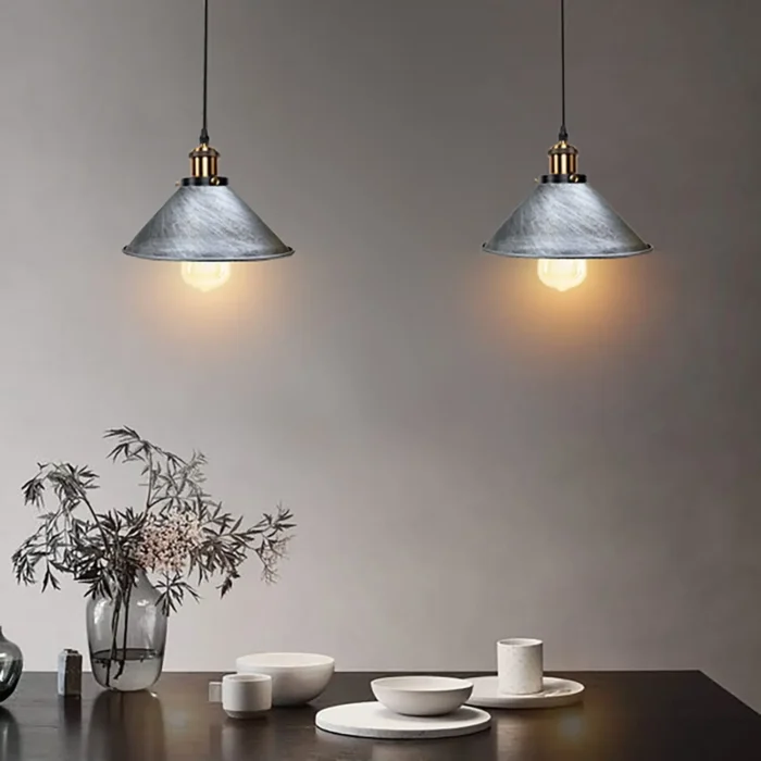 Brushed Silver 2 Way Retro Industrial Ceiling E27 Hanging Lamp Pendant Light | Stylish Home Lighting - Image 1