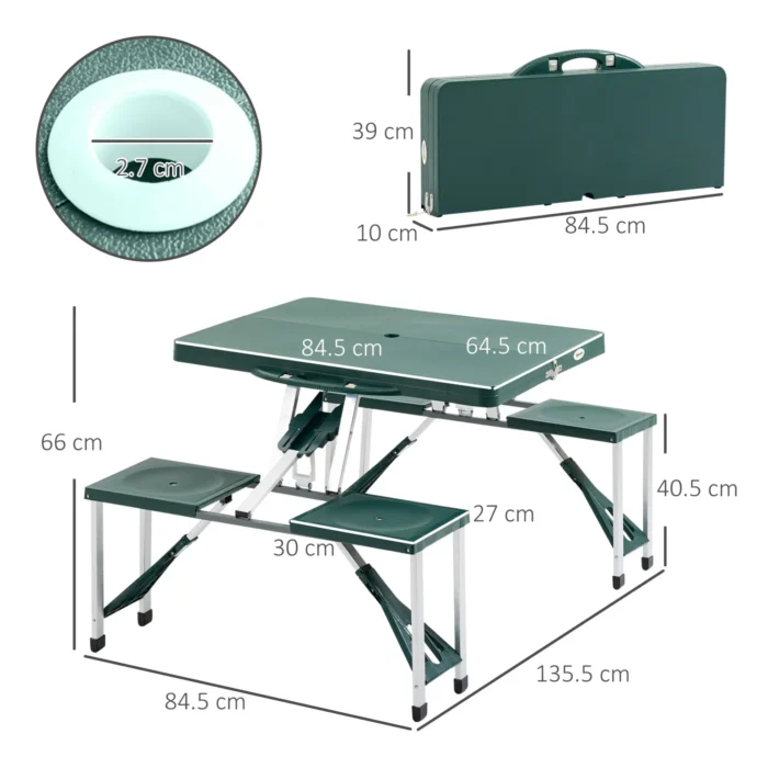 Outsunny Aluminum Picnic Table & Bench Set - Green | Foldable & Portable for Camping, Garden Parties, BBQs - Image 3