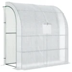 Outsunny Walk-In Lean to Wall Greenhouse with Windows and Doors - 2 Tiers, 4 Wired Shelves, 200x100x215cm, White