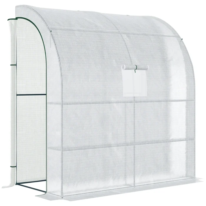 Outsunny Walk-In Lean to Wall Greenhouse with Windows and Doors - 2 Tiers, 4 Wired Shelves, 200x100x215cm, White - Image 1