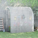 Outsunny Walk-In Lean to Wall Greenhouse with Windows and Doors - 2 Tiers, 4 Wired Shelves, 200x100x215cm, White - Image 2