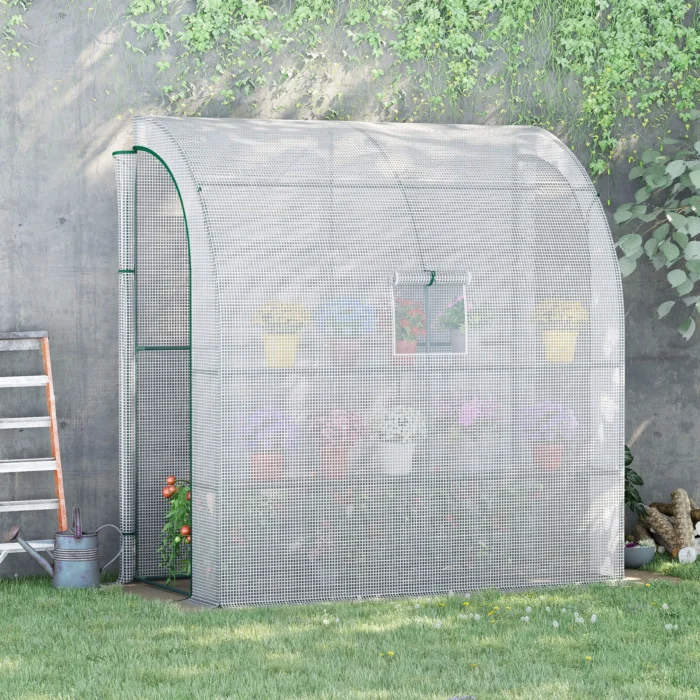 Outsunny Walk-In Lean to Wall Greenhouse with Windows and Doors - 2 Tiers, 4 Wired Shelves, 200x100x215cm, White - Image 2