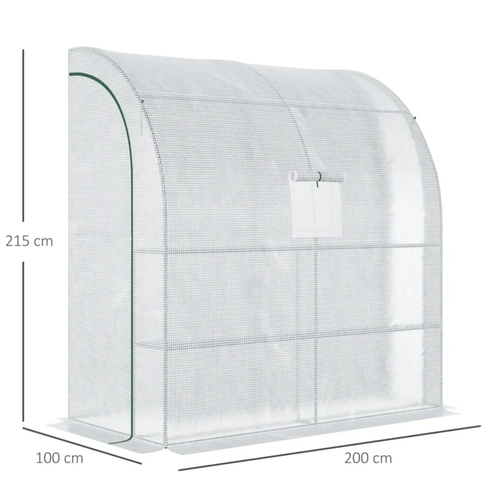 Outsunny Walk-In Lean to Wall Greenhouse with Windows and Doors - 2 Tiers, 4 Wired Shelves, 200x100x215cm, White - Image 3