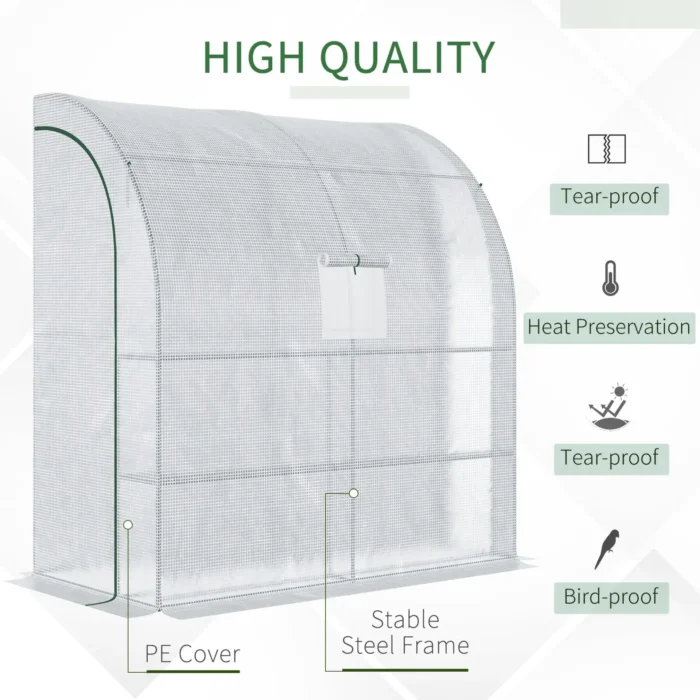 Outsunny Walk-In Lean to Wall Greenhouse with Windows and Doors - 2 Tiers, 4 Wired Shelves, 200x100x215cm, White - Image 4