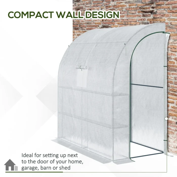 Outsunny Walk-In Lean to Wall Greenhouse with Windows and Doors - 2 Tiers, 4 Wired Shelves, 200x100x215cm, White - Image 5