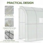 Outsunny Walk-In Lean to Wall Greenhouse with Windows and Doors - 2 Tiers, 4 Wired Shelves, 200x100x215cm, White - Image 6