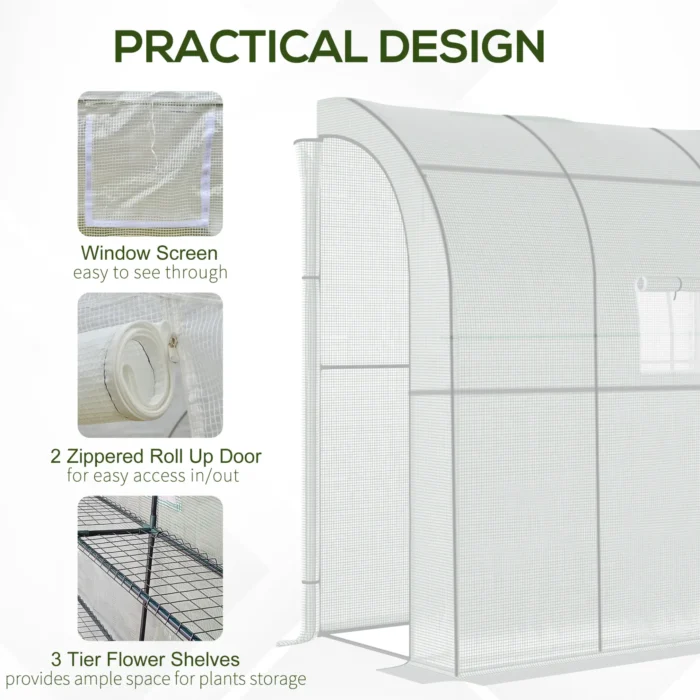 Outsunny Walk-In Lean to Wall Greenhouse with Windows and Doors - 2 Tiers, 4 Wired Shelves, 200x100x215cm, White - Image 6