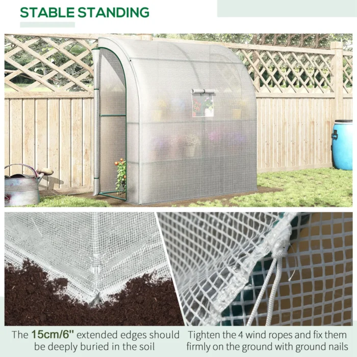 Outsunny Walk-In Lean to Wall Greenhouse with Windows and Doors - 2 Tiers, 4 Wired Shelves, 200x100x215cm, White - Image 7