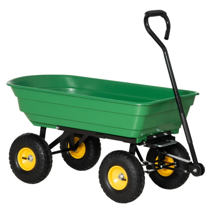 Outsunny 75 Litre Large Garden Cart - Heavy Duty 4 Wheel Tipping Wheelbarrow - Green - Image 1