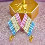 Stylish and Lightweight Baby Blue, Baby Pink, and Gold Diagonal Geometric Delica Earrings for Any Occasion