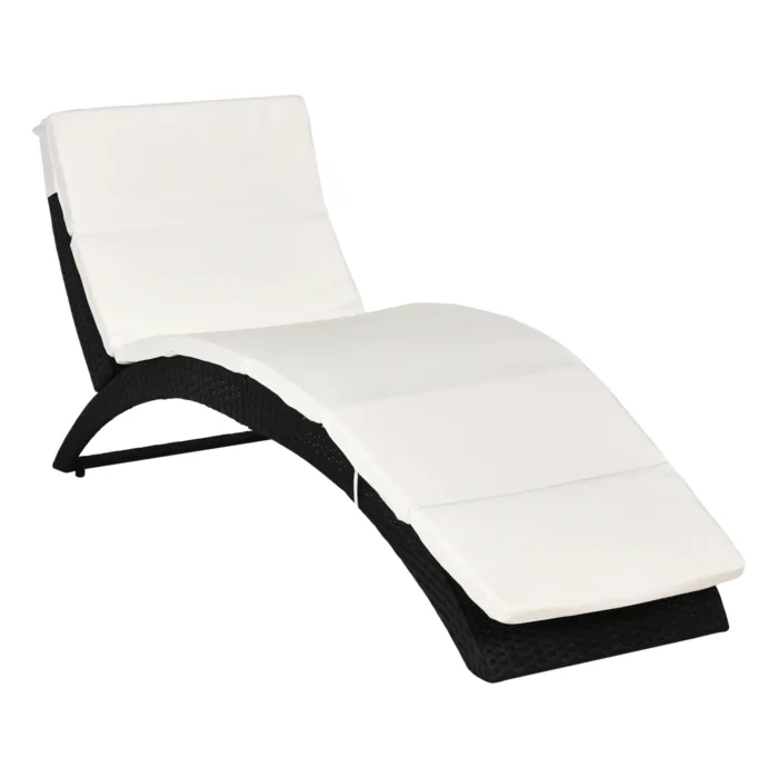 Outsunny Ergonomic PE Rattan Sun Lounger - Foldable Wicker Recliner with Cushion for Outdoor Relaxation - Black - Image 1