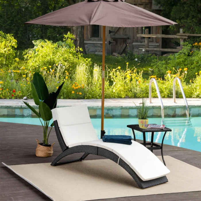 Outsunny Ergonomic PE Rattan Sun Lounger - Foldable Wicker Recliner with Cushion for Outdoor Relaxation - Black - Image 2