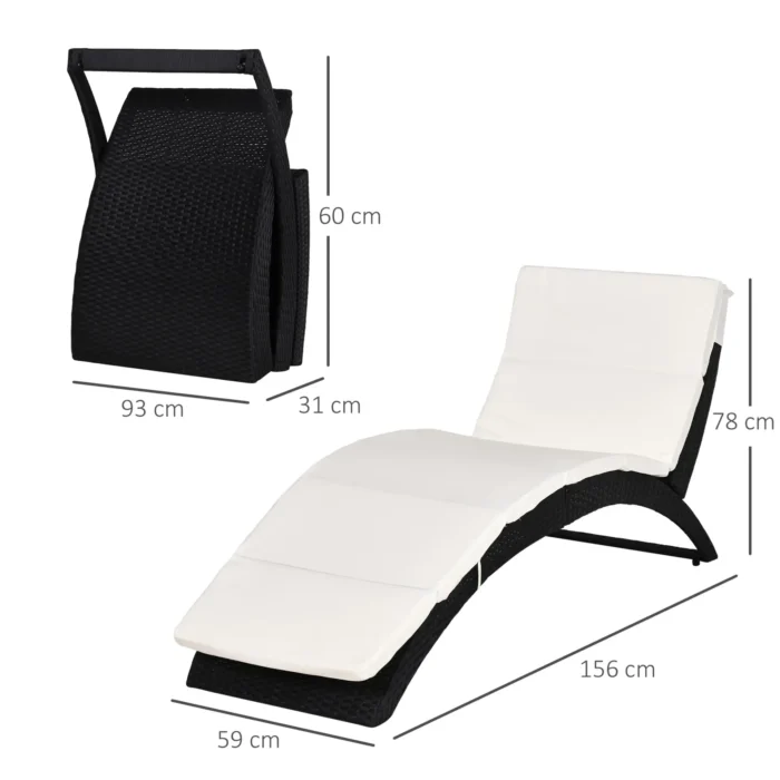 Outsunny Ergonomic PE Rattan Sun Lounger - Foldable Wicker Recliner with Cushion for Outdoor Relaxation - Black - Image 3