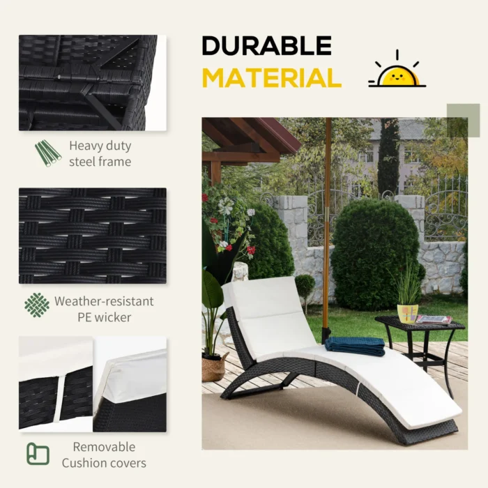 Outsunny Ergonomic PE Rattan Sun Lounger - Foldable Wicker Recliner with Cushion for Outdoor Relaxation - Black - Image 4