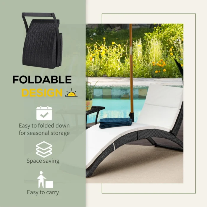 Outsunny Ergonomic PE Rattan Sun Lounger - Foldable Wicker Recliner with Cushion for Outdoor Relaxation - Black - Image 6