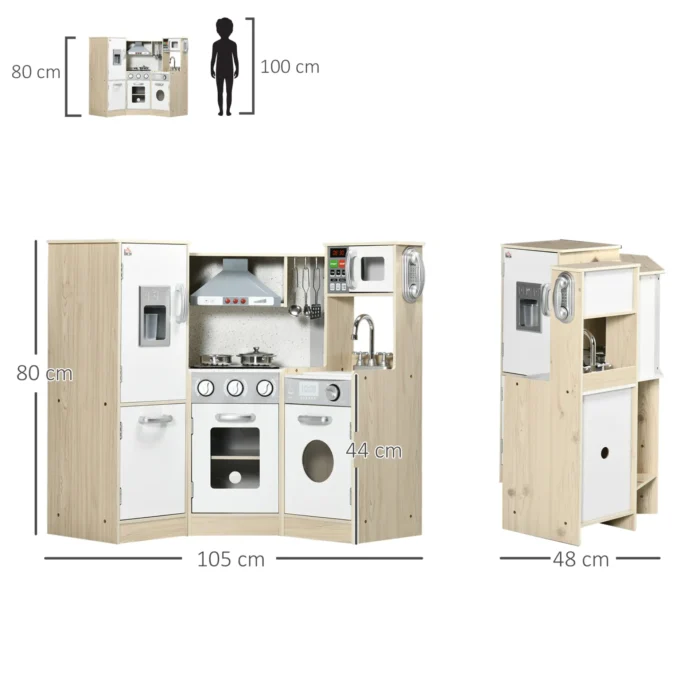 HOMCOM Kids Kitchen Playset with Role Play Accessories, Sound & Light Effects, Storage Space - Image 3