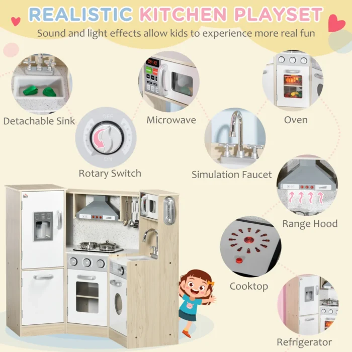 HOMCOM Kids Kitchen Playset with Role Play Accessories, Sound & Light Effects, Storage Space - Image 4