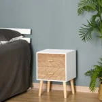 HOMCOM Oak 2 Drawers Bedside Table with Pine Legs - Wooden Bedroom Storage Cabinet - Image 2