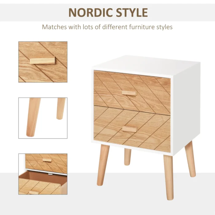 HOMCOM Oak 2 Drawers Bedside Table with Pine Legs - Wooden Bedroom Storage Cabinet - Image 4