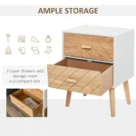 HOMCOM Oak 2 Drawers Bedside Table with Pine Legs - Wooden Bedroom Storage Cabinet - Image 5