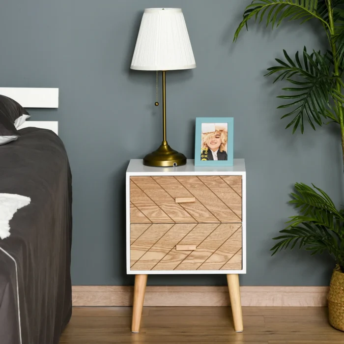 HOMCOM Oak 2 Drawers Bedside Table with Pine Legs - Wooden Bedroom Storage Cabinet - Image 8