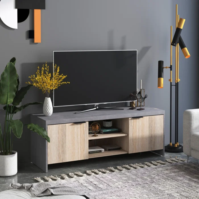 HOMCOM 1.2M Wooden TV Stand Cabinet - Stylish Entertainment Center with DVD CD Storage - Fits Up to 50-Inch TV - Grey Finish - Image 2