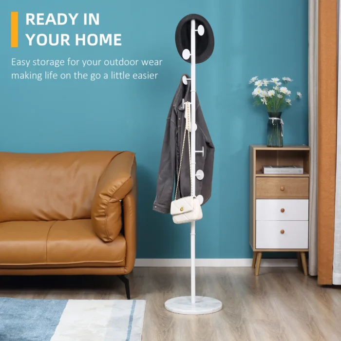 HOMCOM Free Standing Coat Rack Hall Tree with 8 Hooks, Steel Frame & Marble Base - Ideal for Entryways, Living Rooms, and Bedrooms in White - Image 4