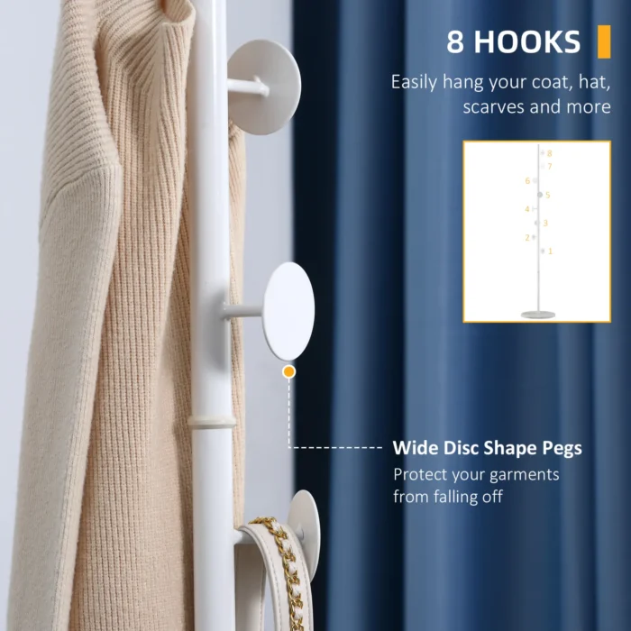 HOMCOM Free Standing Coat Rack Hall Tree with 8 Hooks, Steel Frame & Marble Base - Ideal for Entryways, Living Rooms, and Bedrooms in White - Image 5