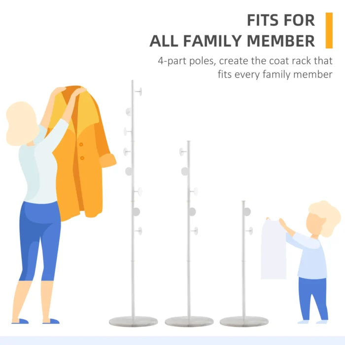HOMCOM Free Standing Coat Rack Hall Tree with 8 Hooks, Steel Frame & Marble Base - Ideal for Entryways, Living Rooms, and Bedrooms in White - Image 7