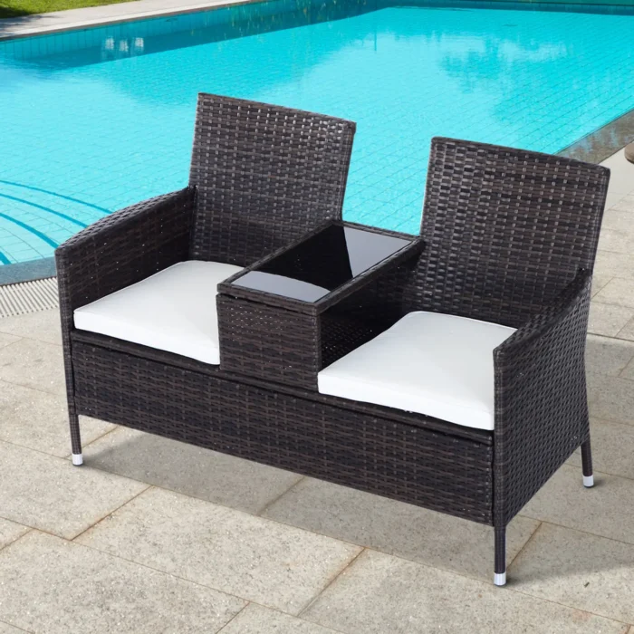 Outsunny Rattan 2 Seater Companion Seat with Cushions - Beautiful Patio Wicker Love Seat, Brown - Image 2