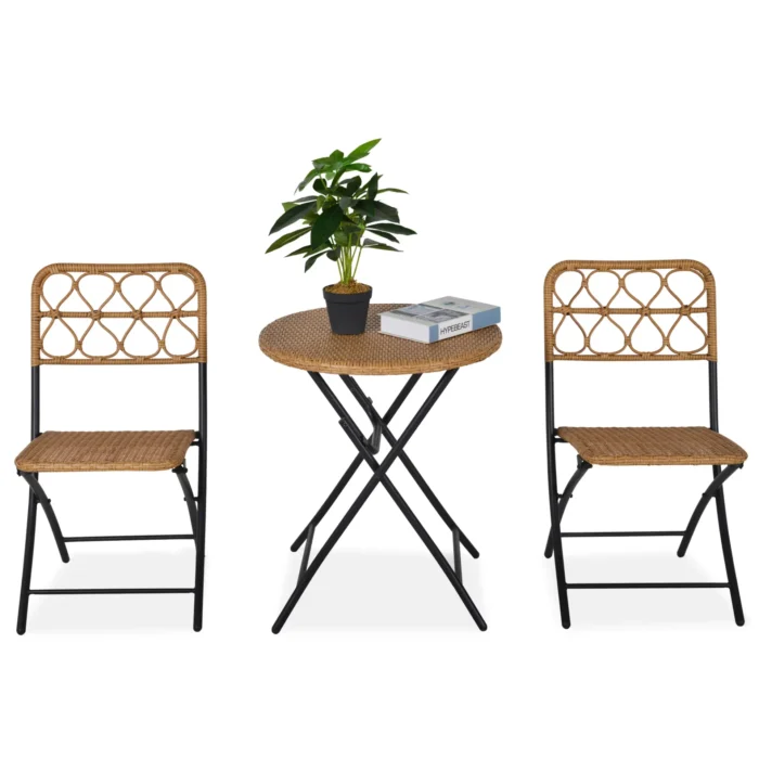 Outsunny 3 PCS Rattan Wicker Folding Bistro Set - Hand Woven Chairs & Coffee Table for Garden, Balcony, Pool & Lawn - Stylish Natural Outdoor Furniture - Image 1