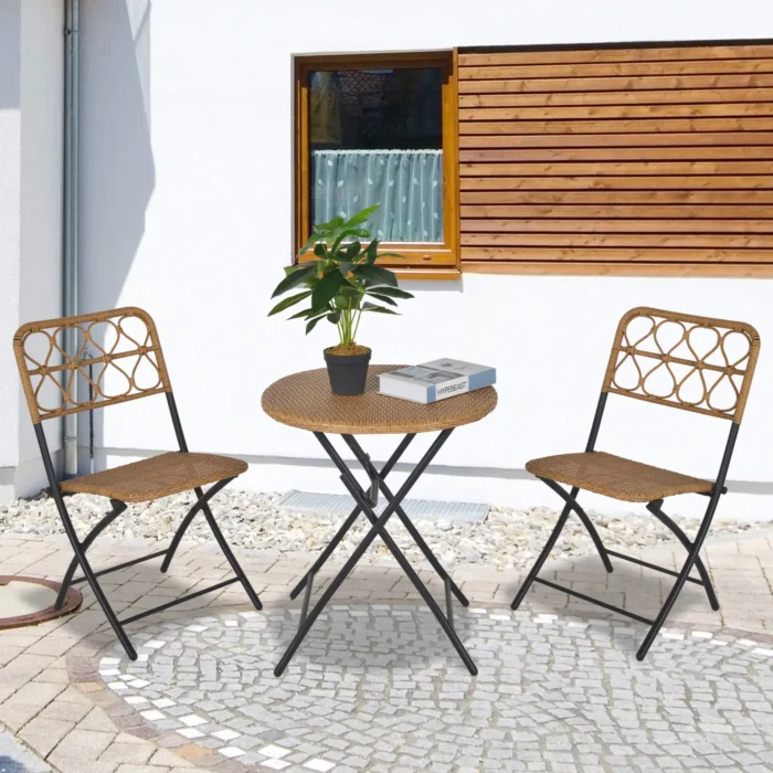 Outsunny 3 PCS Rattan Wicker Folding Bistro Set - Hand Woven Chairs & Coffee Table for Garden, Balcony, Pool & Lawn - Stylish Natural Outdoor Furniture - Image 2