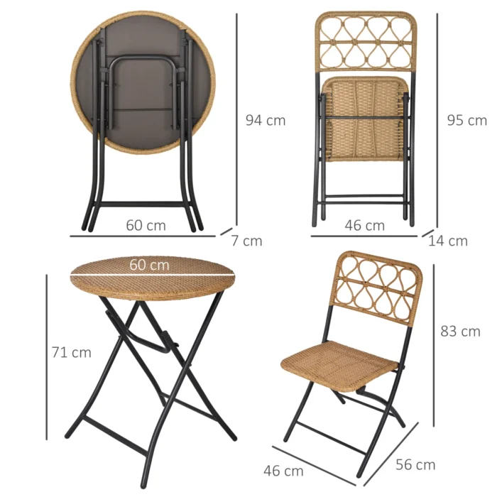 Outsunny 3 PCS Rattan Wicker Folding Bistro Set - Hand Woven Chairs & Coffee Table for Garden, Balcony, Pool & Lawn - Stylish Natural Outdoor Furniture - Image 3